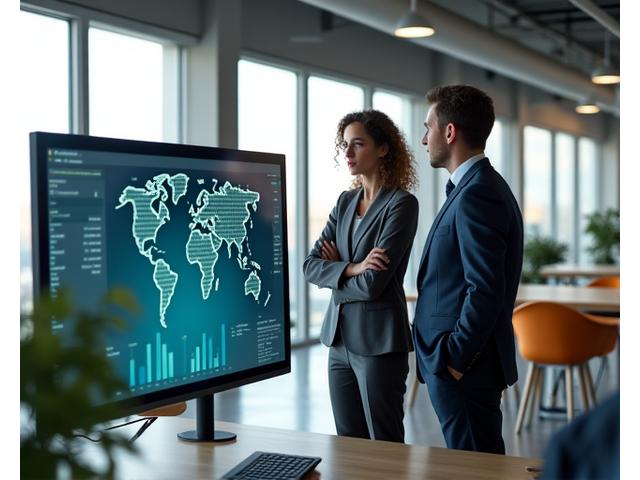 Team members collaborating in a modern office space, discussing data on a large screen.